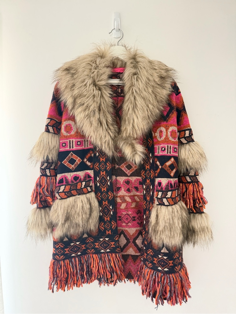 Boho Aztec Knit Poncho with Faux-Fur Trim - Pink & Tan